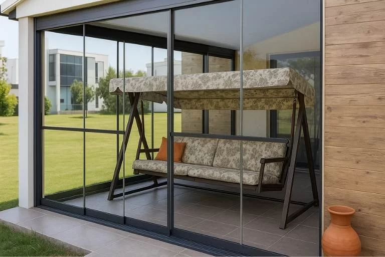 Modern terasta yer alan giyotin cam balkon sistemi, alüminyum çerçeveli hareketli panellerle açık manzara sunuyor.