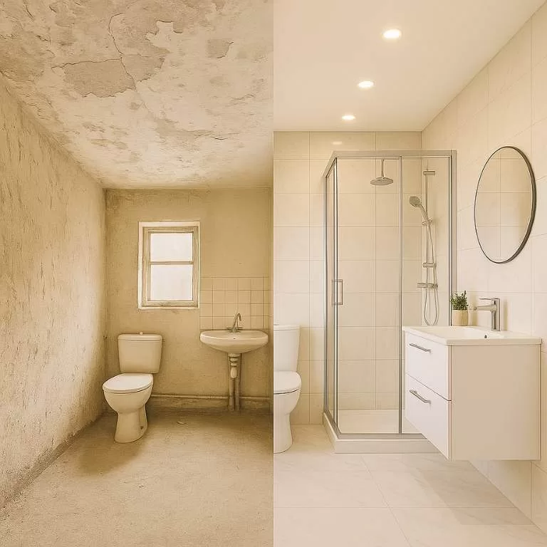 Tadilat öncesi ve sonrası aynı karede birleşen banyo. Sol taraf eski, sıvası dökülmüş ve yıpranmış; sağ taraf ise modern duş kabinli, spot ışıklı ve beyaz fayanslı yeni banyo tasarımı.