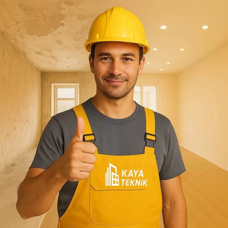 Tadilat öncesi ve sonrası aynı karede birleşen daire salonu. Sol taraf eski, sıvası dökülmüş duvarlı ve tozlu, sağ taraf ise yenilenmiş, alçıpan tavanlı, spot ışıklı, parke zeminli ferah salon. Ön planda sarı tulumlu ve baretli Kaya Teknik ustası yer alıyor.