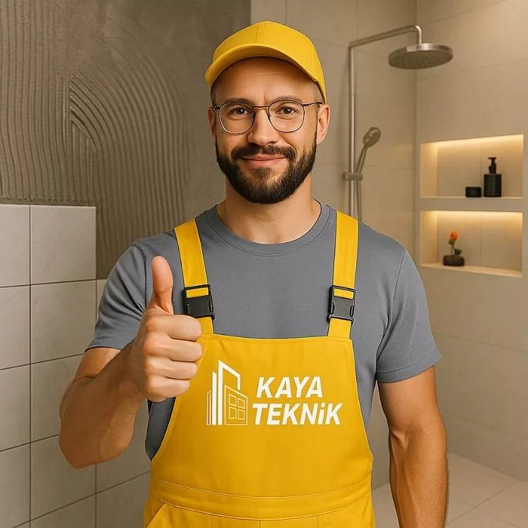 Kaya Teknik ustası, banyo tadilatı sırasında başparmağıyla onay işareti yaparken; arka planda sıva sürülmüş ve fayans döşenmiş duvar görülüyor.
