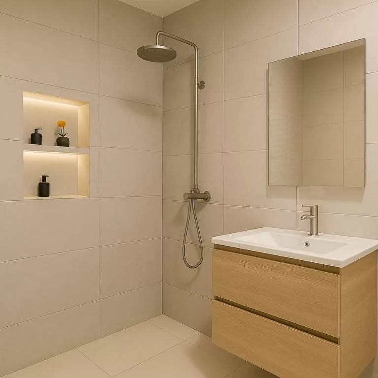 Modern banyo tasarımı, açık renkli seramik duvarlar ve spot aydınlatmalı tavan ile minimalist dekorasyon.