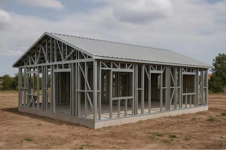 Yapımı devam eden çelik konstrüksiyon prefabrik evin açık alandaki montaj aşaması.